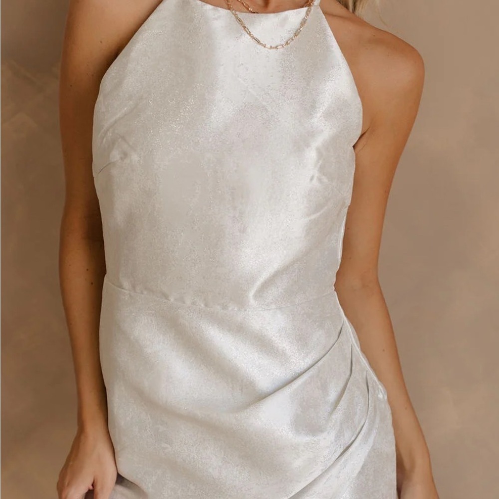 Storia from Lizard Thicket - White & Silver Ruched A-Line Halter Mini Dress